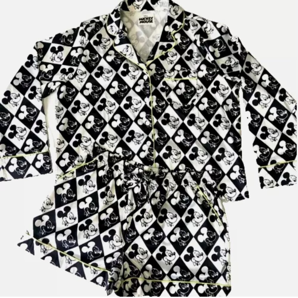 Disney Mickey Mouse Black & White Diamond Pajamas Sleep Set Top & Shorts XL